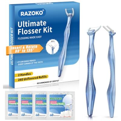 RAZOKO Kit de fil dentaire, résistant à la déchirure, insère et rotation de 90 ° à 135 ° pour les zones difficiles d'accès, sans PTFE et PFAS, 2 poignées + 240 têtes de recharge, bleu RAZOKO Kit de fil dentaire, résistant à la déchirure, insère et rotation de 90 ° à 135 ° pour les zones difficiles d'accès, sans PTFE et PFAS, 2 poignées + 240 têtes de recharge, bleu
