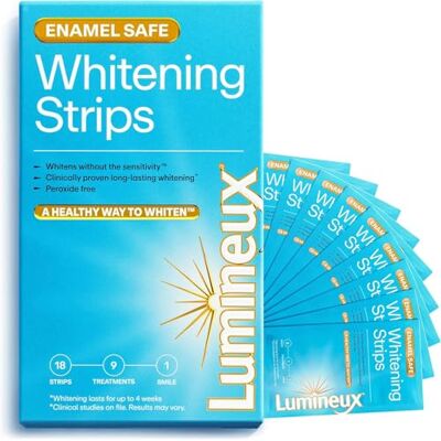 Lumineux Bandes de blanchiment des dents 18 bandes (9 applications) Bandes blanchissantes sans peroxyde Doux pour l'émail dentaire Pour les dents sensibles Développées par le dentiste Lumineux Bandes de blanchiment des dents 18 bandes (9 applications) Bandes blanchissantes sans peroxyde Doux pour l'émail dentaire Pour les dents sensibles Développées par le dentiste