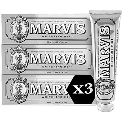 Marvis Lot de 3 dentifrices blanchissants, Menthe, 3 x 85 ml, Favorise le blanchiment naturel des dents, Dentifrice antiplaque, Fraîcheur longue durée Marvis Lot de 3 dentifrices blanchissants, Menthe, 3 x 85 ml, Favorise le blanchiment naturel des dents, Dentifrice antiplaque, Fraîcheur longue durée