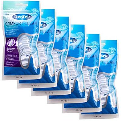 DenTek Comfort Clean Lot de 6 bâtonnets de fil dentaire OFFRE SPECIALE bâtonnets dentaires, fil dentaire, goût menthe DenTek Comfort Clean Lot de 6 bâtonnets de fil dentaire OFFRE SPECIALE bâtonnets dentaires, fil dentaire, goût menthe