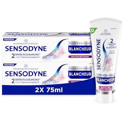 Sensodyne Professional Whitener, Dentifrice blanchissant cliniquement prouvé pour dents sensibles, visiblement plus blanches, bouclier anti-taches menthe, lot de 2 x 75 ml Sensodyne Professional Whitener, Dentifrice blanchissant cliniquement prouvé pour dents sensibles, visiblement plus blanches, bouclier anti-taches menthe, lot de 2 x 75 ml