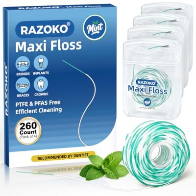 RAZOKO Lot de 260 fils dentaires cirés 2 en 1 pour appareils dentaires, implants et ponts Fil dentaire ciré moelleux 2 en 1 avec morceaux prédécoupés pour un nettoyage en profondeur, goût menthe RAZOKO Lot de 260 fils dentaires cirés 2 en 1 pour appareils dentaires, implants et ponts Fil dentaire ciré moelleux 2 en 1 avec morceaux prédécoupés pour un nettoyage en profondeur, goût menthe