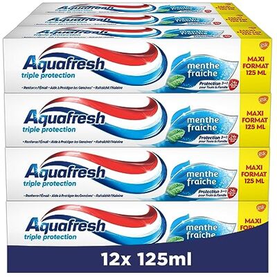 Aquafresh Dentifrice Triple Protection Menthe Fraîche Renforce L'émail Aide à Protéger les Gencives Rafraîchit l'Haleine Adapté à Toute la Famille Dès 7 Ans Lot de 12 x 125 ml Aquafresh Dentifrice Triple Protection Menthe Fraîche Renforce L'émail Aide à Protéger les Gencives Rafraîchit l'Haleine Adapté à Toute la Famille Dès 7 Ans Lot de 12 x 125 ml
