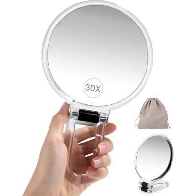 Wexeva Miroir à Main Portable Double Face Miroir Grossissant 1X/30X avec Poignée Pliable Rotative à 360°, pour Maquillage, Rasage et Voyage, Rond 12 cm Wexeva Miroir à Main Portable Double Face Miroir Grossissant 1X/30X avec Poignée Pliable Rotative à 360°, pour Maquillage, Rasage et Voyage, Rond 12 cm