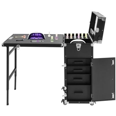 PromiseFly Mallette de maquillage à roulettes professionnelle avec table pliable et 5 tiroirs, miroir et haut-parleurs Bluetooth, grande mallette de coiffure, table de manucure (noir) PromiseFly Mallette de maquillage à roulettes professionnelle avec table pliable et 5 tiroirs, miroir et haut-parleurs Bluetooth, grande mallette de coiffure, table de manucure (noir)