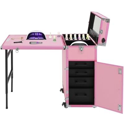 PromiseFly Mallette de maquillage à roulettes professionnelle avec table pliable et 5 tiroirs, miroir et haut-parleurs Bluetooth, grande mallette de coiffure, table de manucure, rose bonbon, 38*25.5*69.5cm PromiseFly Mallette de maquillage à roulettes professionnelle avec table pliable et 5 tiroirs, miroir et haut-parleurs Bluetooth, grande mallette de coiffure, table de manucure, rose bonbon, 38*25.5*69.5cm