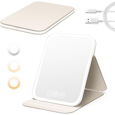 NXPZ Miroir cosmétique avec éclairage, miroir portable rechargeable, ultra HD, pliable, 3 couleurs de lumière, luminosité réglable, avec fonction mémoire, idéal pour les voyages et la maison NXPZ Miroir cosmétique avec éclairage, miroir portable rechargeable, ultra HD, pliable, 3 couleurs de lumière, luminosité réglable, avec fonction mémoire, idéal pour les voyages et la maison