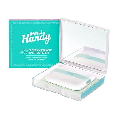 Merci Handy Papier Matifiant Visage 50 feuilles + 1 miroir + 1 houppette Convient à tous types de peaux Vegan Merci Handy Papier Matifiant Visage 50 feuilles + 1 miroir + 1 houppette Convient à tous types de peaux Vegan