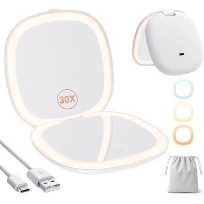 Auxmir Miroir de Poche LED Grossissant 1X/30X Rechargeable, 3 Lumières pour Voyage Miroir tactile compact, luminosité réglable, mémoire lumière, arrêt auto 15min, léger avec pochette pour déplacements, cadeau Auxmir Miroir de Poche LED Grossissant 1X/30X Rechargeable, 3 Lumières pour Voyage Miroir tactile compact, luminosité réglable, mémoire lumière, arrêt auto 15min, léger avec pochette pour déplacements, cadeau