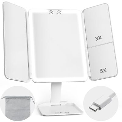 hajer Miroir Maquillage Lumineux à LED + Pochette de Transport, Grossissant 1X/3X/5X, 3 Modes éclairage, Rechargeable USB-C avec Batterie en Lithium. Miroir Portable et Pliable de Voyage hajer Miroir Maquillage Lumineux à LED + Pochette de Transport, Grossissant 1X/3X/5X, 3 Modes éclairage, Rechargeable USB-C avec Batterie en Lithium. Miroir Portable et Pliable de Voyage
