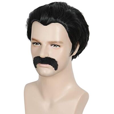 Linfairy Perruque courte pour homme style disco des années 80, moustache, costume d'Halloween et de cosplay, noir Linfairy Perruque courte pour homme style disco des années 80, moustache, costume d'Halloween et de cosplay, noir