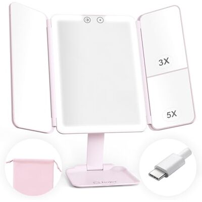 hajer Miroir Maquillage Lumineux à LED + Pochette de Transport, Grossissant 1X/3X/5X, 3 Modes éclairage, Rechargeable USB-C avec Batterie en Lithium. Miroir Portable et Pliable de Voyage (Rose) hajer Miroir Maquillage Lumineux à LED + Pochette de Transport, Grossissant 1X/3X/5X, 3 Modes éclairage, Rechargeable USB-C avec Batterie en Lithium. Miroir Portable et Pliable de Voyage (Rose)