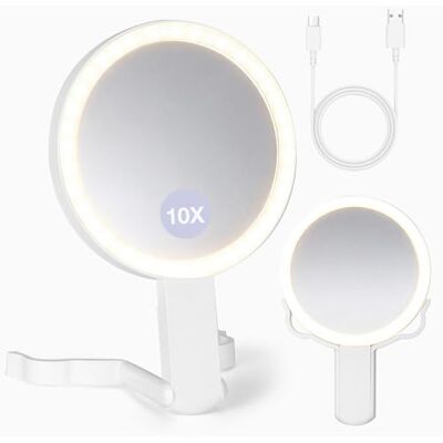 VINATO Miroir de maquillage avec lumières LED à double face, pliable, miroir grossissant 10 x avec lumière réglable, 3 modes de couleur, portable ou suspendu, pour chambre à coucher, table de toilette VINATO Miroir de maquillage avec lumières LED à double face, pliable, miroir grossissant 10 x avec lumière réglable, 3 modes de couleur, portable ou suspendu, pour chambre à coucher, table de toilette
