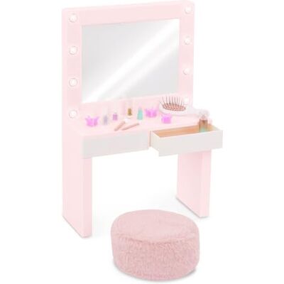 OG DOLLS Our Generation Glam & Glow Coiffeuse – 15 pièces. Ensemble de meubles avec miroir lumineux et accessoires de coiffure pour poupées de 46 cm (tabouret, maquillage, brosse et pinces à cheveux) – À OG DOLLS Our Generation Glam & Glow Coiffeuse – 15 pièces. Ensemble de meubles avec miroir lumineux et accessoires de coiffure pour poupées de 46 cm (tabouret, maquillage, brosse et pinces à cheveux) – À