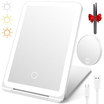 AIMAX Miroir cosmétique rechargeable avec éclairage, pliable et ultra fin avec grossissement 10x, 3 modes d'éclairage, écran tactile, rechargeable par USB, miroir de maquillage pour voyage et maison, blanc AIMAX Miroir cosmétique rechargeable avec éclairage, pliable et ultra fin avec grossissement 10x, 3 modes d'éclairage, écran tactile, rechargeable par USB, miroir de maquillage pour voyage et maison, blanc