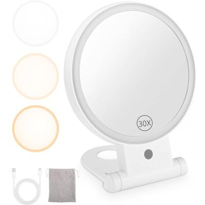 LEAZZLE Miroir grossissant avec lumière 30X,miroir Maquillage Grossissant Lumineux,Miroir grossissant éclairé Rechargeable,Miroir Cosmétique Pliable Portable avec sac rangement,Cadeaux pour fêtes LEAZZLE Miroir grossissant avec lumière 30X,miroir Maquillage Grossissant Lumineux,Miroir grossissant éclairé Rechargeable,Miroir Cosmétique Pliable Portable avec sac rangement,Cadeaux pour fêtes