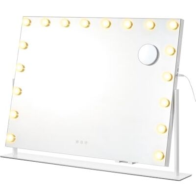 SONGMICS LWM003WC02 Miroir de maquillage avec éclairage, 18 ampoules LED, ports de charge, contrôle tactile, 3 couleurs de lumière, intensité variable, support de téléphone portable, 80 x 60 cm, blanc SONGMICS LWM003WC02 Miroir de maquillage avec éclairage, 18 ampoules LED, ports de charge, contrôle tactile, 3 couleurs de lumière, intensité variable, support de téléphone portable, 80 x 60 cm, blanc