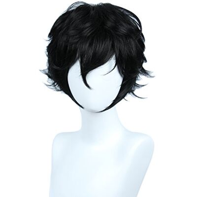 Linfairy Perruque courte noire superposée pour cosplay, costume d'Halloween pour homme Linfairy Perruque courte noire superposée pour cosplay, costume d'Halloween pour homme