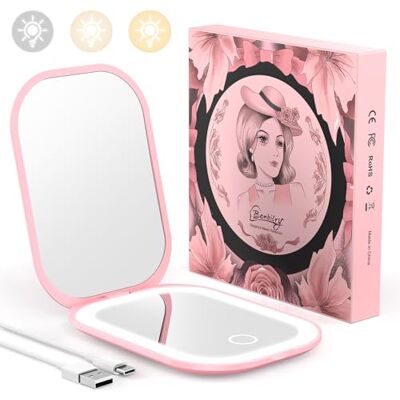 Benbilry Miroir de poche ultra fin avec lumière, miroir de voyage compact à LED grossissant 1X/3X avec 3 lumières à intensité variable pour sac à main, 2 côtés, portable, pliable, rose clair Benbilry Miroir de poche ultra fin avec lumière, miroir de voyage compact à LED grossissant 1X/3X avec 3 lumières à intensité variable pour sac à main, 2 côtés, portable, pliable, rose clair
