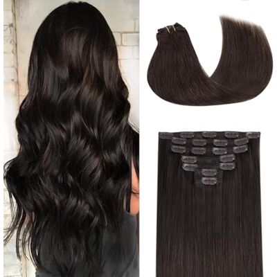 GOO GOO Lot de 7 extensions à clip, en cheveux humains Remy 35 cm 120 g Marron foncé GOO GOO Lot de 7 extensions à clip, en cheveux humains Remy 35 cm 120 g Marron foncé