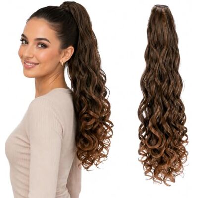 CAISHA 50cm Postiche Natte Queue De Cheval Extensions Avec 2 Bandes De Cheveux Bouclés Mélange Brun HC19-1 CAISHA 50cm Postiche Natte Queue De Cheval Extensions Avec 2 Bandes De Cheveux Bouclés Mélange Brun HC19-1