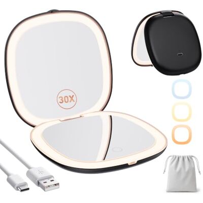 Auxmir Miroir de Poche LED Grossissant 1X/30X Rechargeable, 3 Lumières pour Voyage Miroir tactile compact, luminosité réglable, mémoire lumière, arrêt auto 15min, léger avec pochette pour déplacements, cadeau Auxmir Miroir de Poche LED Grossissant 1X/30X Rechargeable, 3 Lumières pour Voyage Miroir tactile compact, luminosité réglable, mémoire lumière, arrêt auto 15min, léger avec pochette pour déplacements, cadeau