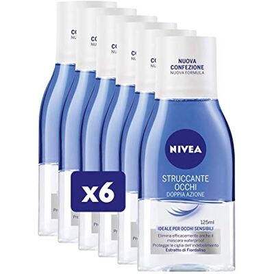 NIVEA Démaquillant pour yeux double action en lot de 6 x 125 ml, démaquillant biphasique avec extrait de bleuet pour le nettoyage du visage, nettoyant démaquillant adapté au maquillage imperméable NIVEA Démaquillant pour yeux double action en lot de 6 x 125 ml, démaquillant biphasique avec extrait de bleuet pour le nettoyage du visage, nettoyant démaquillant adapté au maquillage imperméable