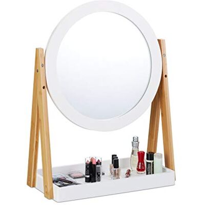 Relaxdays Miroir cosmétique orientable avec étagère pour maquillage, cosmétique, miroir de table ∅ 32,5 cm, bambou, MDF, blanc naturel Relaxdays Miroir cosmétique orientable avec étagère pour maquillage, cosmétique, miroir de table ∅ 32,5 cm, bambou, MDF, blanc naturel