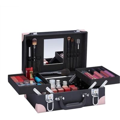Relaxdays Mallette de maquillage, organisateur de maquillage, avec miroir, 12,5 x 31 x 23 cm, vide, noir, rose, plastique, polyester, verre Relaxdays Mallette de maquillage, organisateur de maquillage, avec miroir, 12,5 x 31 x 23 cm, vide, noir, rose, plastique, polyester, verre