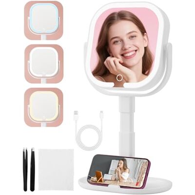 TAVADA Miroir cosmétique avec éclairage, miroir de maquillage avec éclairage réglable en hauteur, 10 miroirs grossissants double face avec lumière à intensité variable, 3 couleurs de lumière, rotatif TAVADA Miroir cosmétique avec éclairage, miroir de maquillage avec éclairage réglable en hauteur, 10 miroirs grossissants double face avec lumière à intensité variable, 3 couleurs de lumière, rotatif