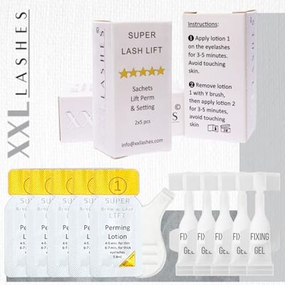 XXL Lashes 10 doses individuelles de rehaussement de cils et sourcils, 5 sachets gel permanent et 5 mini tubes lotion fixante, temps de réaction 2-5 min, végétalien XXL Lashes 10 doses individuelles de rehaussement de cils et sourcils, 5 sachets gel permanent et 5 mini tubes lotion fixante, temps de réaction 2-5 min, végétalien