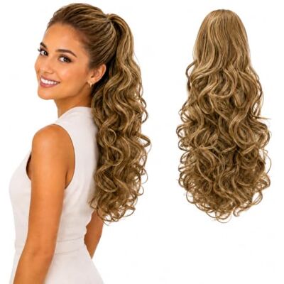 CAISHA Postiche 45 cm Extensions De Cheveux En Queue De Cheval Ondulé Fermeture Par Cordon Résistant à La Chaleur Blond Foncé PH24 CAISHA Postiche 45 cm Extensions De Cheveux En Queue De Cheval Ondulé Fermeture Par Cordon Résistant à La Chaleur Blond Foncé PH24