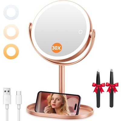Auxmir Miroir de Maquillage Éclairé 30X/1X avec 3 Couleurs, LED à Intensité Variable, Mirroir Cosmétique avec 2 Commande Tactile, Rotation 360°, Miroir Grossisant Lumineux pour Salle de Bain, Chambre Auxmir Miroir de Maquillage Éclairé 30X/1X avec 3 Couleurs, LED à Intensité Variable, Mirroir Cosmétique avec 2 Commande Tactile, Rotation 360°, Miroir Grossisant Lumineux pour Salle de Bain, Chambre