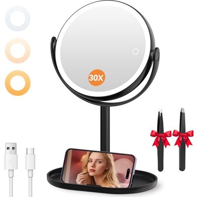 Auxmir Miroir de Maquillage Éclairé 30X/1X avec 3 Couleurs, LED à Intensité Variable, Mirroir Cosmétique avec 2 Commande Tactile, Rotation 360°, Miroir Grossisant Lumineux pour Salle de Bain, Chambre Auxmir Miroir de Maquillage Éclairé 30X/1X avec 3 Couleurs, LED à Intensité Variable, Mirroir Cosmétique avec 2 Commande Tactile, Rotation 360°, Miroir Grossisant Lumineux pour Salle de Bain, Chambre