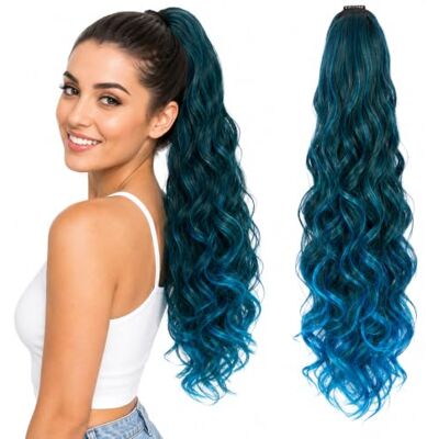 CAISHA 50cm Postiche Natte Queue De Cheval Extensions Avec 2 Bandes De Cheveux Bouclés Noir Bleu Clair HCB5-1 CAISHA 50cm Postiche Natte Queue De Cheval Extensions Avec 2 Bandes De Cheveux Bouclés Noir Bleu Clair HCB5-1