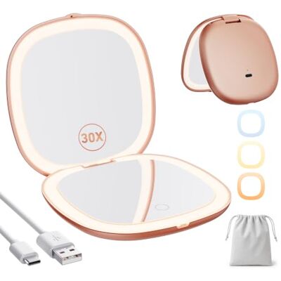 Auxmir Miroir de Poche LED Grossissant 1X/30X Rechargeable, 3 Lumières pour Voyage Miroir tactile compact, luminosité réglable, mémoire lumière, arrêt auto 15min, léger avec pochette pour déplacements, cadeau Auxmir Miroir de Poche LED Grossissant 1X/30X Rechargeable, 3 Lumières pour Voyage Miroir tactile compact, luminosité réglable, mémoire lumière, arrêt auto 15min, léger avec pochette pour déplacements, cadeau