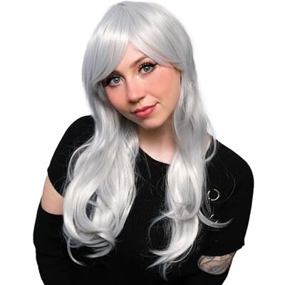 TRIXES Perruque gris/argenté 50,8 cm de long cheveux ondulés pour fête costumée Cosplay Accessoire de fête costumée enterrement de vie de jeune fille TRIXES Perruque gris/argenté 50,8 cm de long cheveux ondulés pour fête costumée Cosplay Accessoire de fête costumée enterrement de vie de jeune fille
