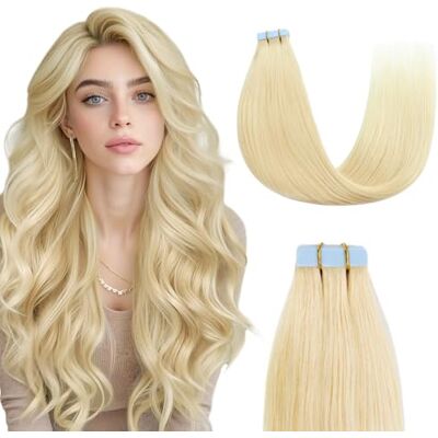 Sunya Lot de 20 extensions de cheveux humains à bande adhésive, 40 cm, blonds, soyeux, droits, sans couture, blond décoloré, #613 blond pâle #613 Sunya Lot de 20 extensions de cheveux humains à bande adhésive, 40 cm, blonds, soyeux, droits, sans couture, blond décoloré, #613 blond pâle #613