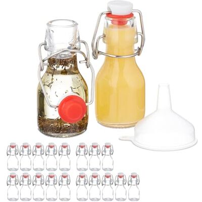Relaxdays Lot de 20 petites bouteilles de 50 ml en verre transparent à remplir pour liqueurs et huiles avec bouchon mécanique Relaxdays Lot de 20 petites bouteilles de 50 ml en verre transparent à remplir pour liqueurs et huiles avec bouchon mécanique