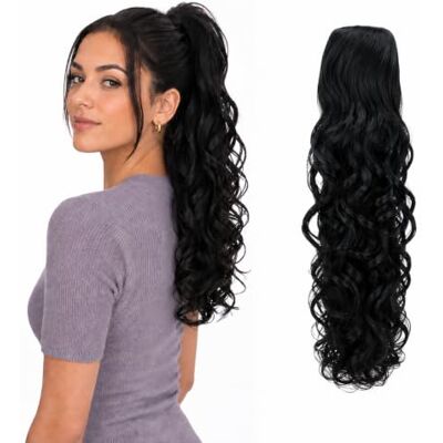CAISHA Postiche 45 cm Extensions De Cheveux En Queue De Cheval Ondulé Fermeture Par Cordon Résistant à La Chaleur Noir PH9 CAISHA Postiche 45 cm Extensions De Cheveux En Queue De Cheval Ondulé Fermeture Par Cordon Résistant à La Chaleur Noir PH9