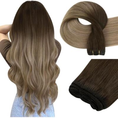 Easyouth Extensions de cheveux humains Remy à double trame – Balayage brun ombré à blond cendré – 35,6 cm – 70 g Easyouth Extensions de cheveux humains Remy à double trame – Balayage brun ombré à blond cendré – 35,6 cm – 70 g