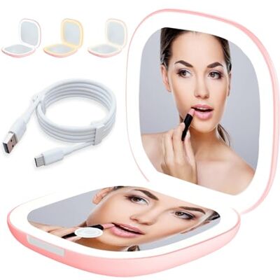 Aicharynic Miroir de poche LED avec grossissement 1X/10X, miroir grossissant avec lumière, miroir de voyage avec intensité variable et lumière LED double face, pliable, cadeau pour fille, rose Aicharynic Miroir de poche LED avec grossissement 1X/10X, miroir grossissant avec lumière, miroir de voyage avec intensité variable et lumière LED double face, pliable, cadeau pour fille, rose