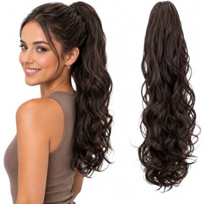CAISHA 50cm Postiche Natte Queue De Cheval Extensions Avec 2 Bandes De Cheveux Bouclés Brun Foncé HC3a-1 CAISHA 50cm Postiche Natte Queue De Cheval Extensions Avec 2 Bandes De Cheveux Bouclés Brun Foncé HC3a-1