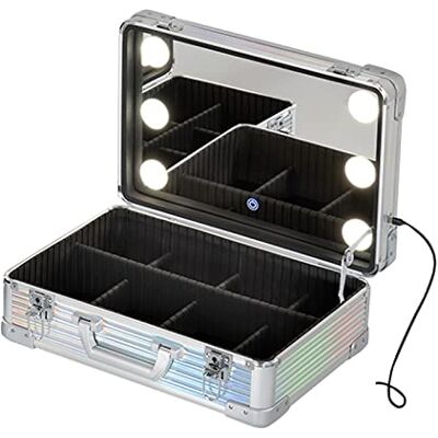 Sac cosmétique professionnel maquillage brosse organisateur maquillage artiste sac, sac cosmétique avec lumière LED et miroir, source de lumière 3 couleurs, sangles de chariot à bagages, argent Sac cosmétique professionnel maquillage brosse organisateur maquillage artiste sac, sac cosmétique avec lumière LED et miroir, source de lumière 3 couleurs, sangles de chariot à bagages, argent