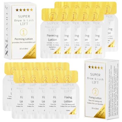 XXL Lashes Lotions rehausseurs et permanente de cils, stratification cils et sourcils, 10x lotions de permanente et 10x fixatrices, en sachets stériles jetables, sans perte de durée de conservation XXL Lashes Lotions rehausseurs et permanente de cils, stratification cils et sourcils, 10x lotions de permanente et 10x fixatrices, en sachets stériles jetables, sans perte de durée de conservation