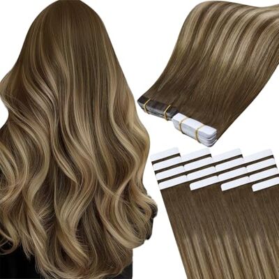 Easyouth Extensions capillaires à bande adhésive, en cheveux humains, se collent sur cheveux, 55 cm; 50 g, couleur marron moyen, mélange de blond miel et marron moyen, numéro 4/27/4 Easyouth Extensions capillaires à bande adhésive, en cheveux humains, se collent sur cheveux, 55 cm; 50 g, couleur marron moyen, mélange de blond miel et marron moyen, numéro 4/27/4