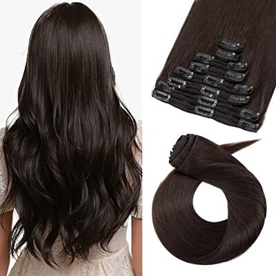 TESS Extensiones de Clip de Pelo Natural 30 cm Marrón Oscuro Cabello Humano Doble Volumen Liso 8 Piezas TESS Extensiones de Clip de Pelo Natural 30 cm Marrón Oscuro Cabello Humano Doble Volumen Liso 8 Piezas