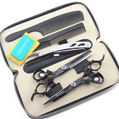 JIESENYU Ensemble de ciseaux de coupe et d'amincissement professionnels à poignée de lion noir Ciseaux Barber Japan 440C JIESENYU Ensemble de ciseaux de coupe et d'amincissement professionnels à poignée de lion noir Ciseaux Barber Japan 440C