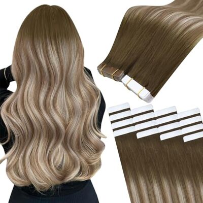 Easyouth Extensions capillaires à bande adhésive, en cheveux humains, se collent sur cheveux, 35 cm, 30 g, sans couture, couleur marron foncé mélange marron moyen/blond moyen, numéro 3/8/22 Easyouth Extensions capillaires à bande adhésive, en cheveux humains, se collent sur cheveux, 35 cm, 30 g, sans couture, couleur marron foncé mélange marron moyen/blond moyen, numéro 3/8/22