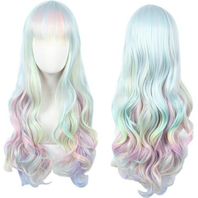 Linfairy Perruque de cosplay ombrée longue ondulée perruque arc-en-ciel en diamant pour déguisement d'Halloween pour femmes Linfairy Perruque de cosplay ombrée longue ondulée perruque arc-en-ciel en diamant pour déguisement d'Halloween pour femmes